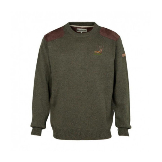 Jagdpullover mit Rundhals Khaki mit gesticktem Hirsch - Percussion