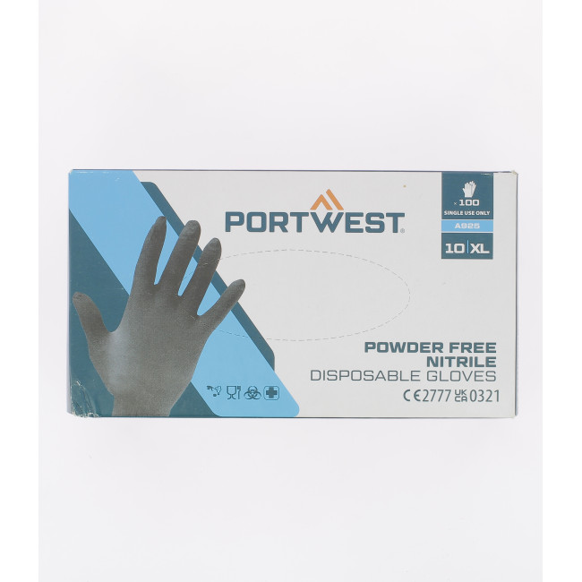 100 gants nitrile A925 non poudrés à usage unique Noir - Portwest