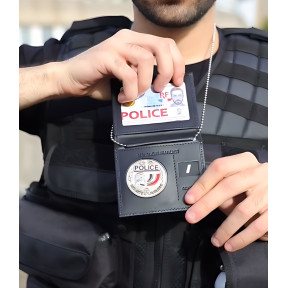 Porte-cartes en cuir avec emplacement grade et médaille et chaîne amovible - Noir - GK