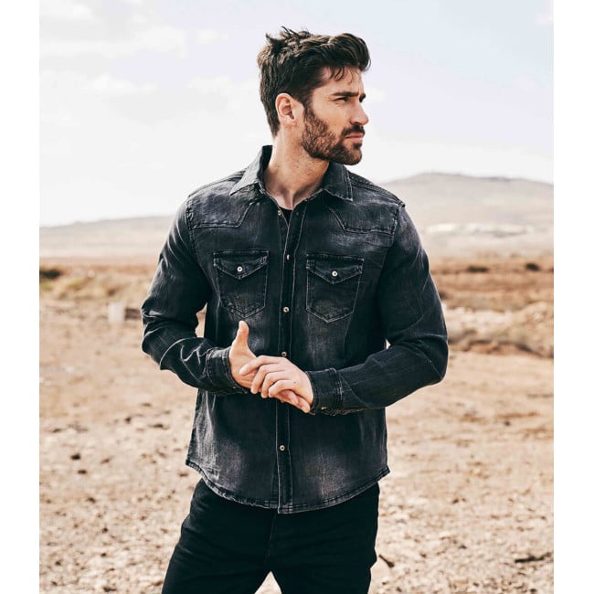 Chemise Jean Vintage Riley Denim effet froissé Noire - Brandit