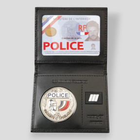 Porte-cartes en cuir avec emplacement grade et médaille et chaîne amovible - Noir - GK