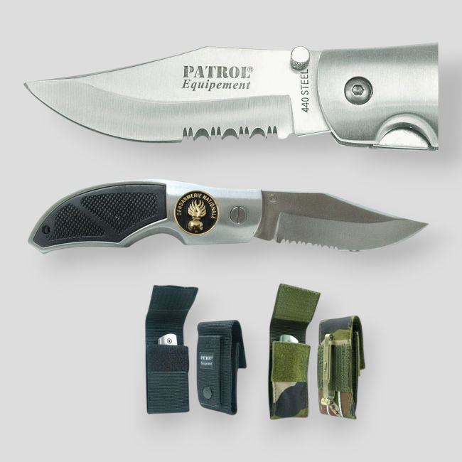Nóż Rangers (ostrze 8,5cm) z odznaką żandarmerii GM i pochwą - Camo CE - Patrol Equipement