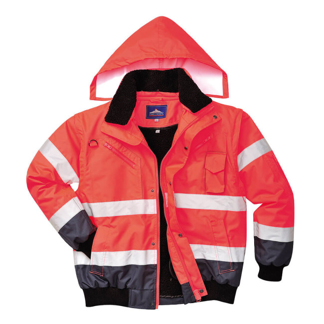 Warnschutzjacke 3-in-1 mit abnehmbaren Ärmeln zweifarbig Rot und Marine - Portwest