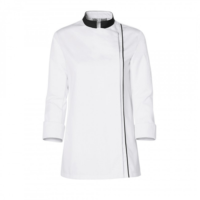 Veste de cuisine femme Ajik manches longues Blanche avec col et liserés noirs - Molinel