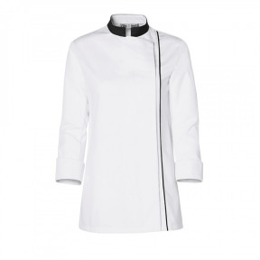 Weisse Damen-Kochjacke Ajik mit langen Ärmeln, schwarzem Kragen und schwarzer Paspelierung - Molinel