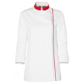 Veste de cuisine femme Ajik manches longues Blanche avec col et liserés rouges - Molinel