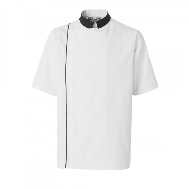 Veste de cuisine homme Ajik manches courtes Blanche avec col et liserés noirs - Molinel