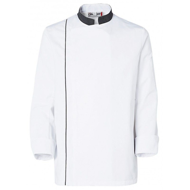 Veste de cuisine homme Ajik manches longues Blanche avec col et liserés pointillés - Molinel