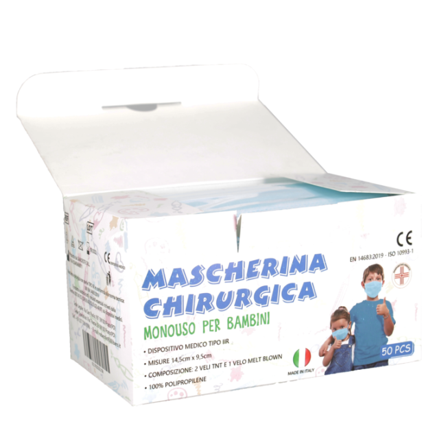Set mit 50 blauen chirurgischen Einwegmasken für Kinder EN14683:2019