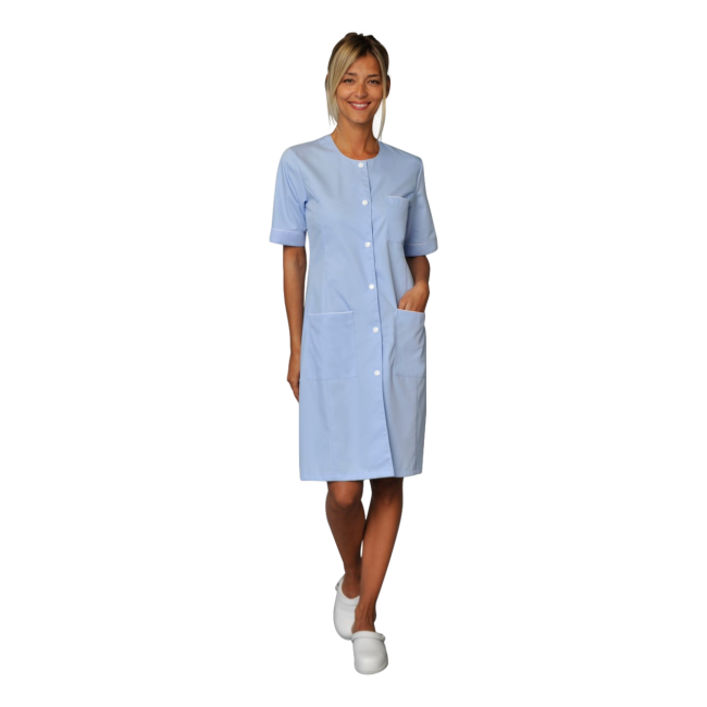 Damenkittel Ariana mit kurzen Ärmeln Himmelblau und Weiß - SNV
