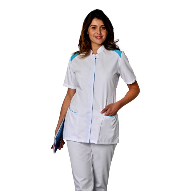 Damen-Tunika Adèle mit kurzen Ärmeln Weiß und Atollblau - SNV